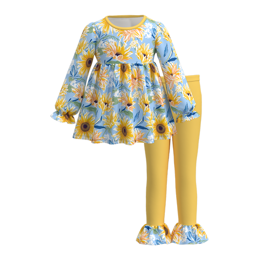 (Custom Design Preorder MOQ 5) Sunflowers Tunic Top Yellow Pants Girls Fall Clothes Set