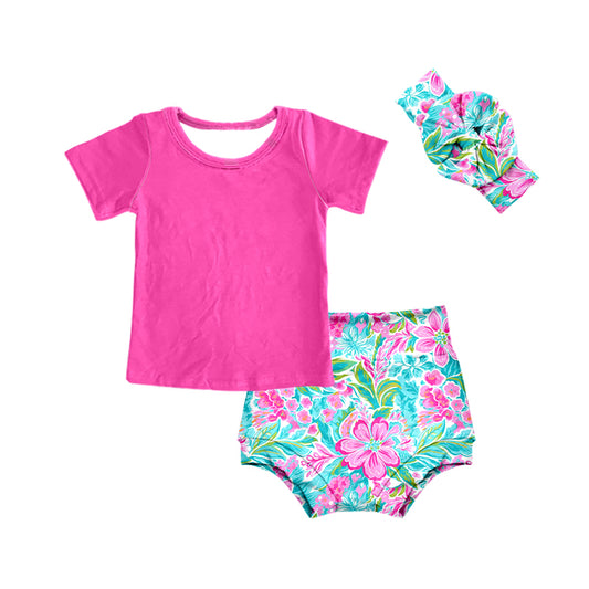 (Custom Design MOQ 5)  Pink Top Flowers Shorts Baby Girls Summer 3 Pieces Bummie Sets