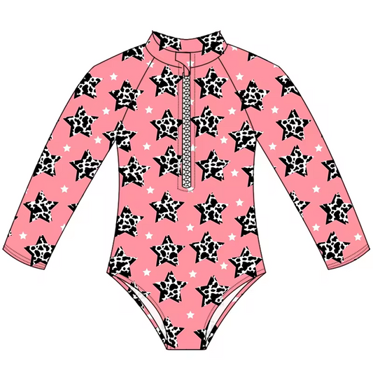 (Custom Design Preorder MOQ 5)  Pink Stars Print Girls 1 Piece Long Sleeve Zipper Swimsuits