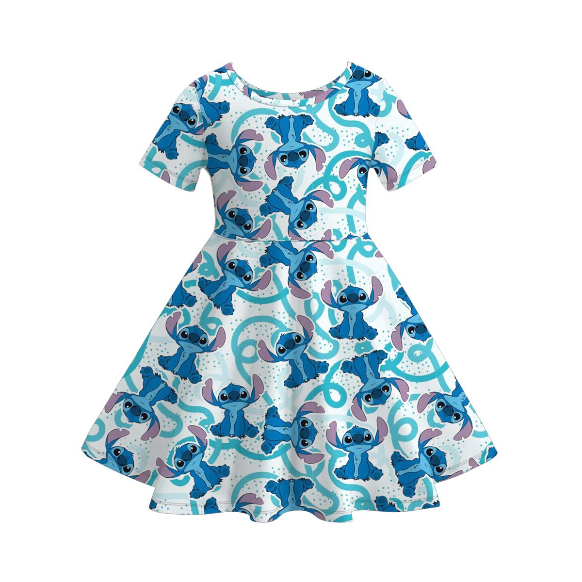 (Custom Design Preorder MOQ 5) Cartoon Stitc* Print Girls Summer Knee Length Dress