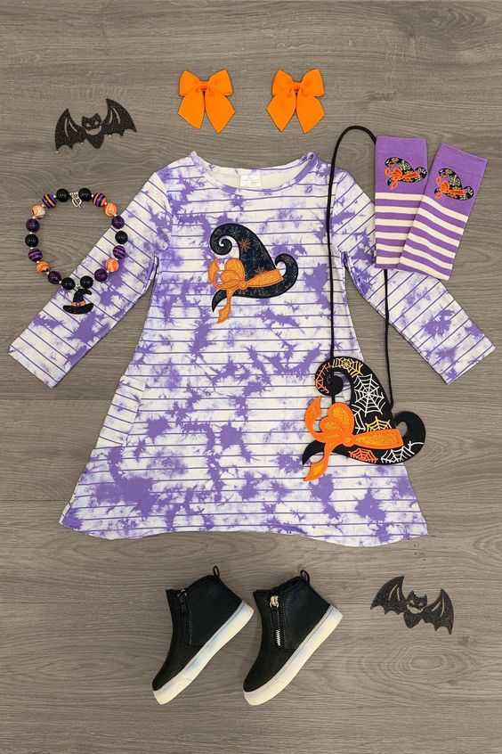 (Custom Design Preorder MOQ 5) Witch's Hat Tie-dye Print Girls Knee Length Halloween Dress