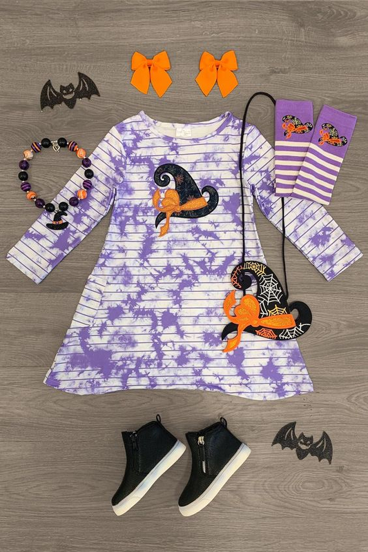 (Custom Design Preorder MOQ 5) Witch's Hat Tie-dye Print Girls Knee Length Halloween Dress