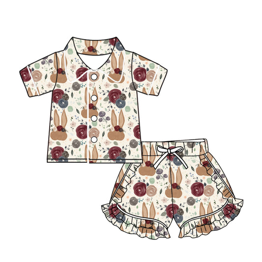 (Custom Design Preorder MOQ 5) Bunny Wine Flowers Print Girls Easter Pajamas Clothes Set