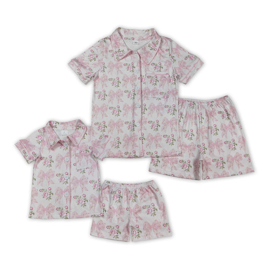 Flowers Bows Pink Print Mom and Me Summer Buttons Pajamas Matching Clothes Set