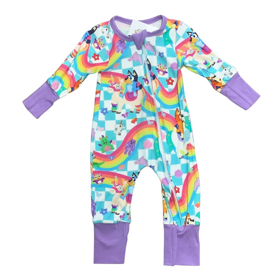 (Custom Design Preorder MOQ 5) Cartoon Dog Rainbow Print Baby Kids Sleeper Zipper Romper