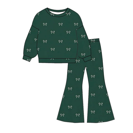(Custom Design Preorder MOQ 5) Bows Green Top Bell Pants Girls Christmas Clothes Set