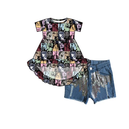 (Custom Design Preorder MOQ 5)D7-4 Swiftie High-Low Top Blue Sequins Denim Shorts Girls Summer Clothes Set