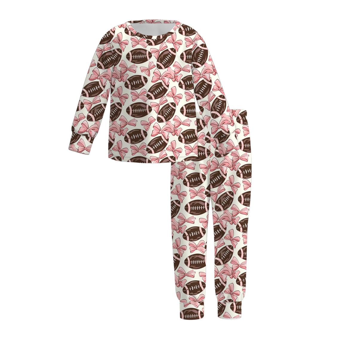 (Custom Design Preorder MOQ 5)  Pink Bows Football Print Girls Fall Pajamas Clothes Set