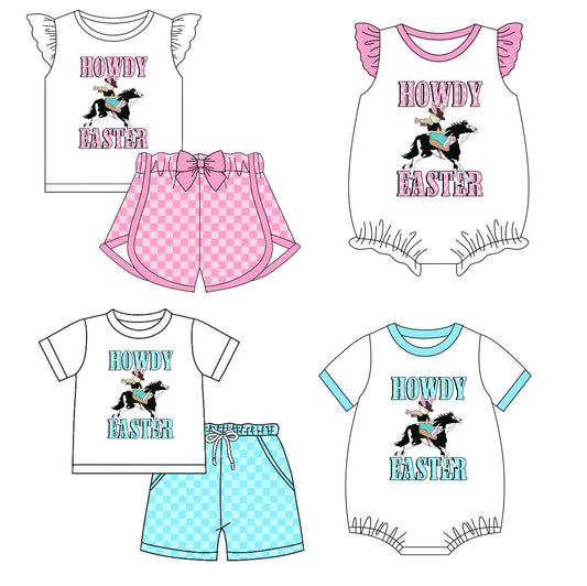 11.29(Custom Design Preorder MOQ 5 Each Design) Howdy Easter Print Kids Matching Clothes Sibling Wear