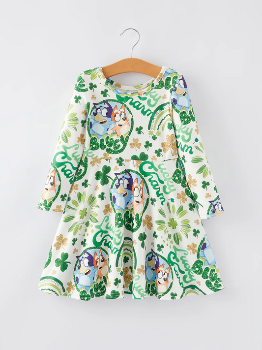 (Custom Design Preorder MOQ 5)  Cartoon Dog Lucky Print Girls St. Patrick's Day Knee Length Dress