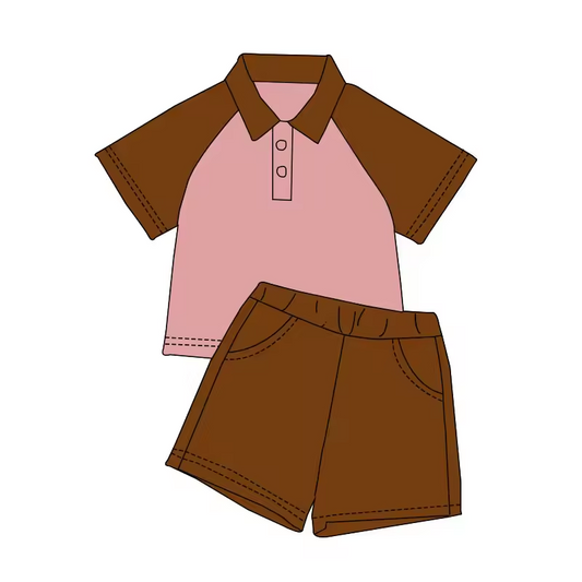 (Custom Design Preorder MOQ 5)  Pink Polo Top Brown Shorts Boys Summer Clothes Set