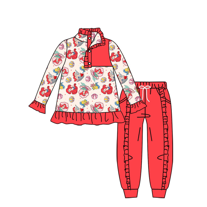 11.16(Custom Design Preorder MOQ 5) Cartoon Princess Fish Pullover Top Red Pants Girls Fall Clothes Set
