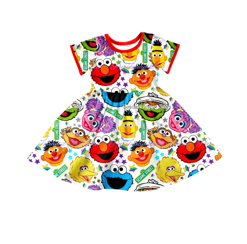 (Custom Design Preorder MOQ 5)  Cartoon Smiling Face Girls Knee Length Dress