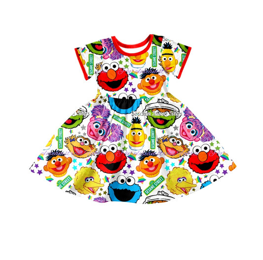 (Custom Design Preorder MOQ 5)  Cartoon Smiling Face Girls Knee Length Dress