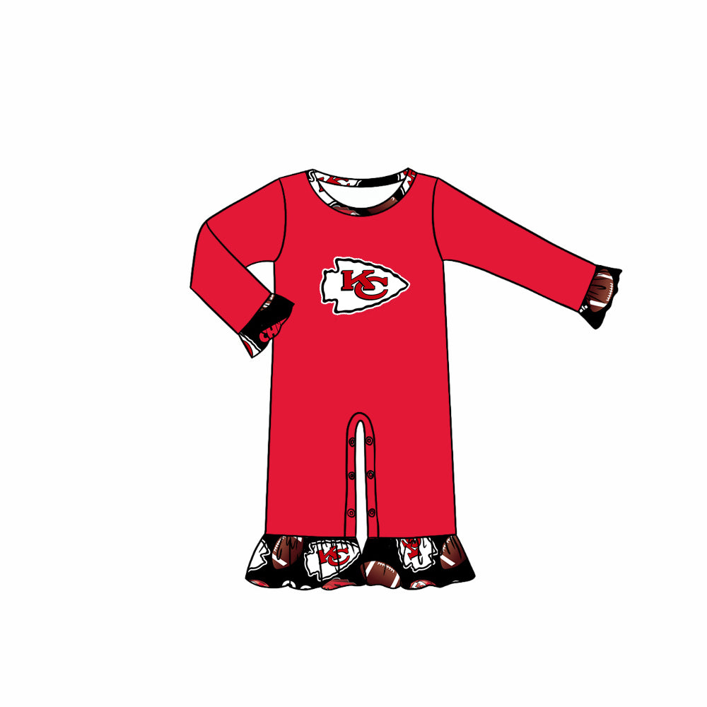 (Custom Design Preorder MOQ 5) Team's KC Red Print Baby Girls Fall Romper