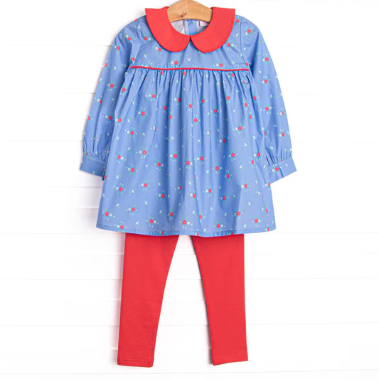 (Custom Design Preorder MOQ 5)  Small Flowers Blue Tunic Top Red Pants Girls Clothes Set