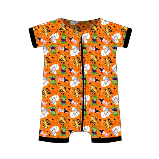 (Custom Design Preorder MOQ 5)  Cartoon Animals Print Baby Boys Halloween Bamboo Sleeper Zipper Romper