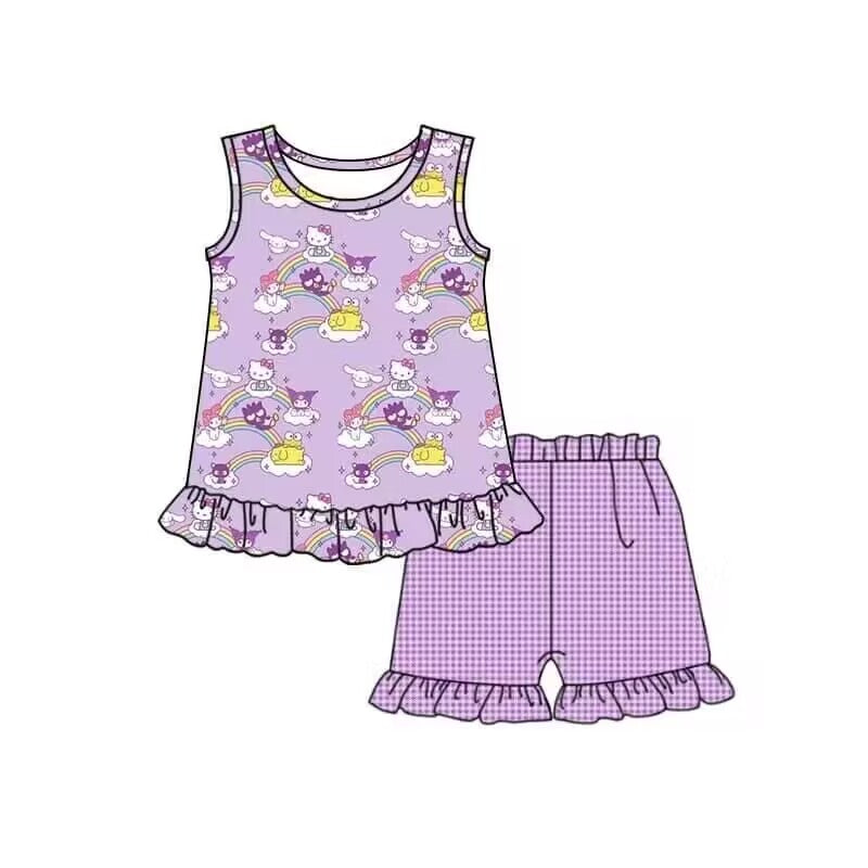 (Custom Design Preorder MOQ 5) Cartoon Cats Purple Print Girls Summer Clothes Set