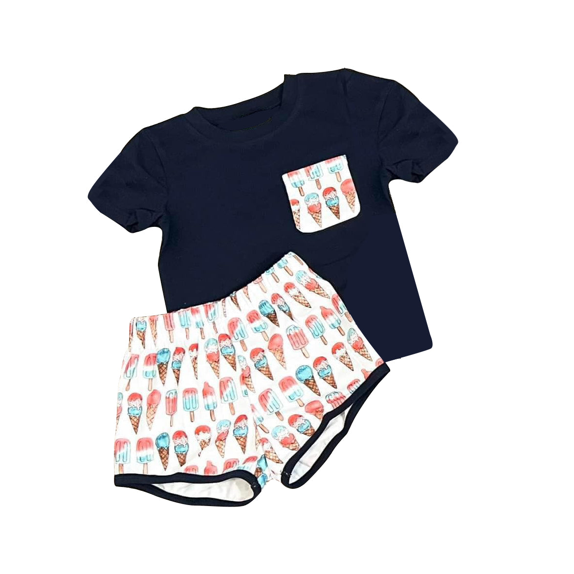 (Custom Design Preorder MOQ 5) Navy Pocket Top Popsicle Shorts Boys 4th of July Clothes Set