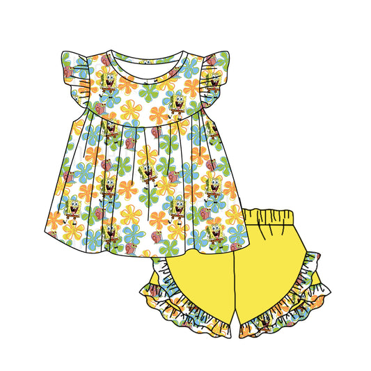 (Custom Design Preorder MOQ 5) Cartoon Sponge Flowers Top Ruffle Shorts Girls Summer Clothes Set