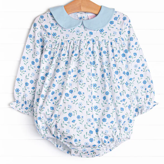 (Custom Design Preorder MOQ 5) Blue Flowers Print Baby Girls Fall Romper