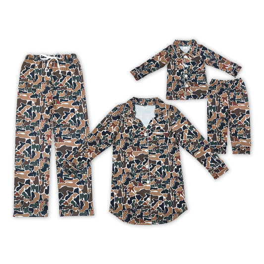 Dark Brown Camo Print Mom and Me Matching Fall Buttons Pajamas Clothes Set