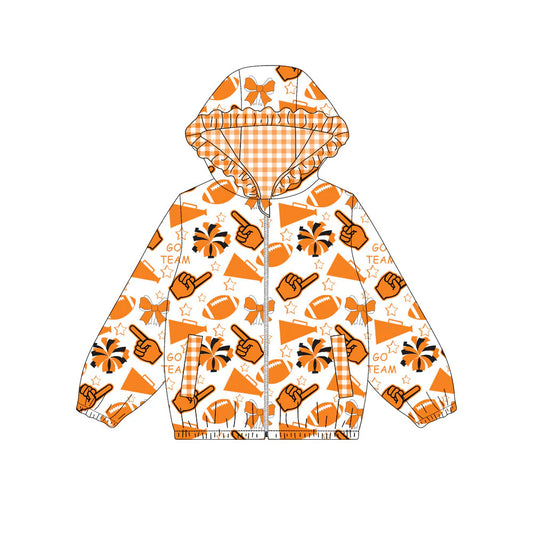 (Custom Design Preorder MOQ 5) Orange Go Team Cheer Bows Print Pockets Girls Long Sleeve Zipper Jackets Top