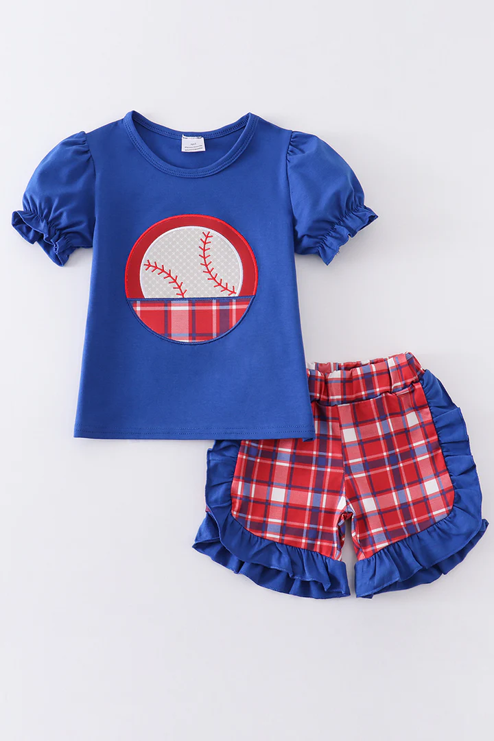 (Custom Design Preorder MOQ 5) Baseball Print Girls Blue Summer Clothes Set