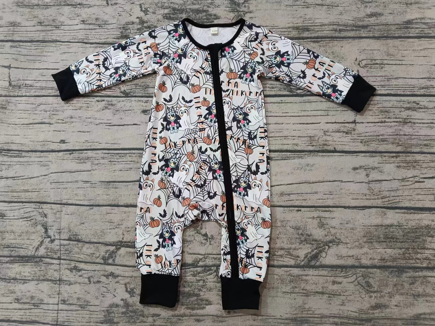 (Custom Design Preorder MOQ 20)  Cartoon Dog Pumpkin Print Baby Halloween Bamboo Sleeper Zipper Romper