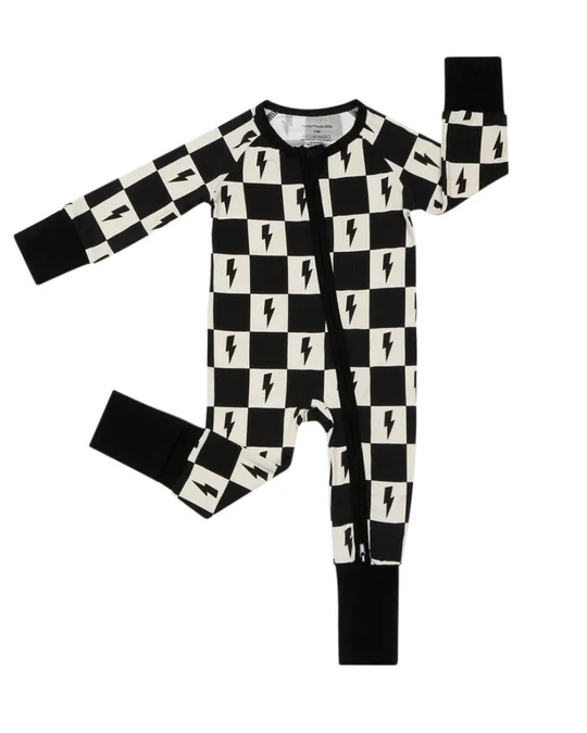 (Custom Design Preorder MOQ 5)  Flash Black Plaid Print Baby Boys Fall Sleeper Zipper Romper