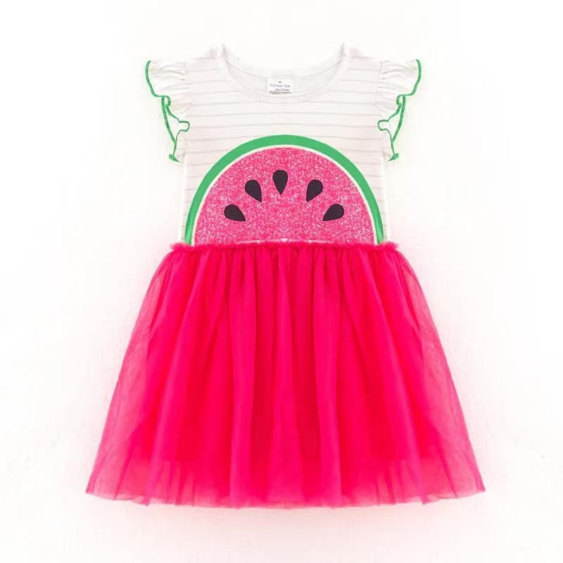 (Custom Design Preorder MOQ 5) Watermelon Print Girls Knee Length Summer Tulle Dress