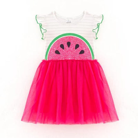 (Custom Design Preorder MOQ 5) Watermelon Print Girls Knee Length Summer Tulle Dress