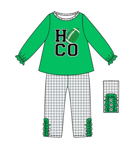 (Custom Design Preorder MOQ 5) Team's HOCO Green Top Plaid Pants Girls Fall Clothes Set