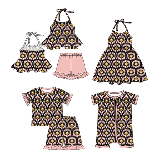 1.4(Custom Design Preorder MOQ 5 Each Design) Aztec Pink Print Girls Summer Western Matching Clothes Sisters Wear
