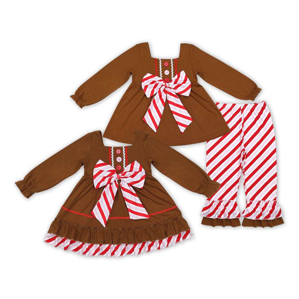 Gingerbread Bows Brown Stripes Print Sisters Christmas Matching Clothes