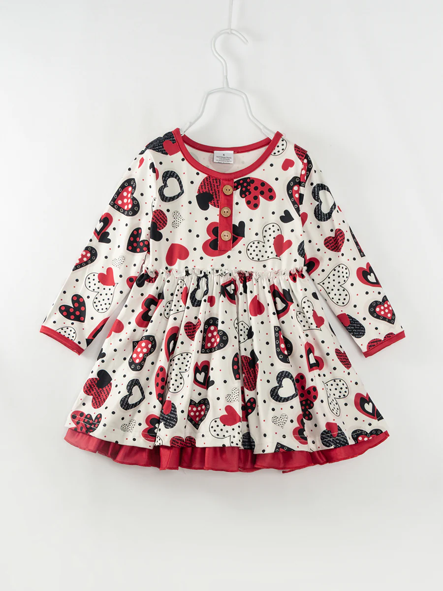 (Custom Design Preorder MOQ 5) Heart Print Girls Valentine's Knee Length Dress