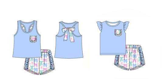 12.14(Custom Design Preorder MOQ 5 Each Design) Blue Top Bows Shorts Girls Summer Matching Clothes Sisters Wear