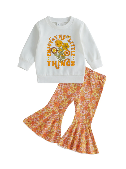(Custom Design Preorder MOQ 5) Little Things Top Flowers Bell Pants Girls Clothes Set