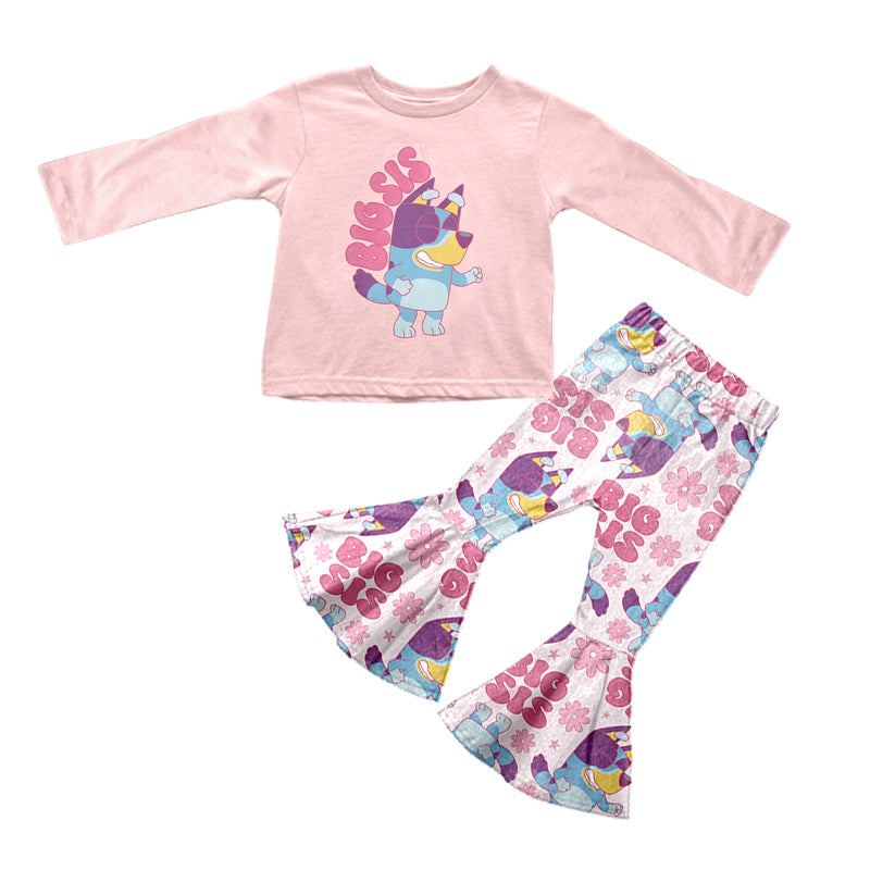 (Custom Design MOQ 5) Cartoon Dog Big Sister Pink Print Girls Clothes Set