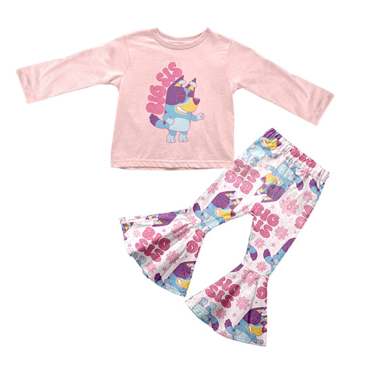 (Custom Design MOQ 5) Cartoon Dog Big Sister Pink Print Girls Clothes Set