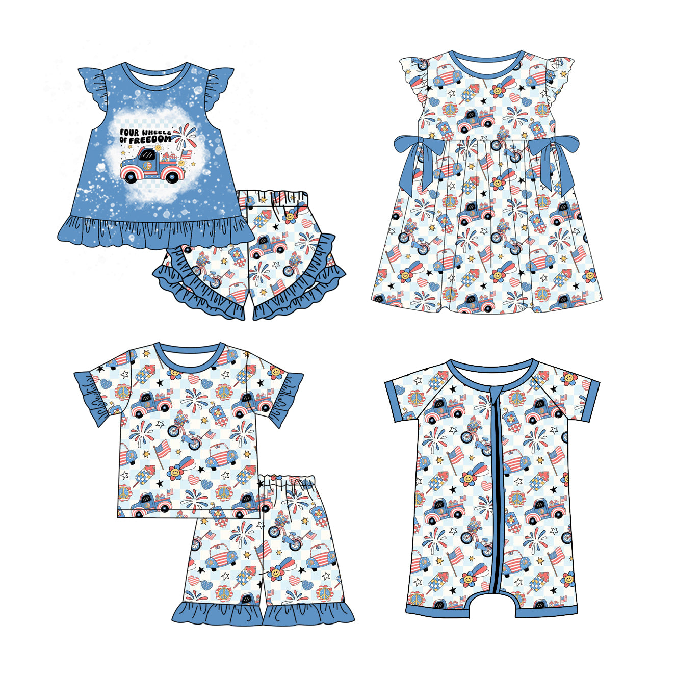 1.6(Custom Design Preorder MOQ 5 Each Design) Cars Stars Flag Print Girls 4th of July Western Matching Clothes Sisters Wear