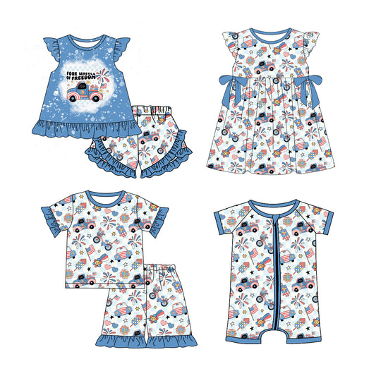 1.6(Custom Design Preorder MOQ 5 Each Design) Cars Stars Flag Print Girls 4th of July Western Matching Clothes Sisters Wear