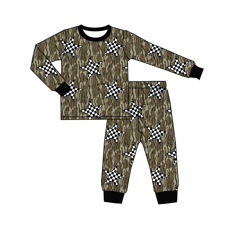 (Custom Design Preorder MOQ 5) Camo Stars Print Kids Pajamas Bamboo Clothes Set