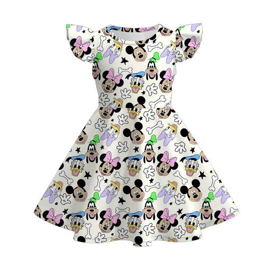 (Custom Design Preorder MOQ 5) Cartoon Mouse Stars Print Girls Summer Knee Length Dress