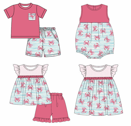 3.10(Custom Design Preorder MOQ 5 Each Design) Crab Print Kids Summer Matching Clothes Sibling Wear
