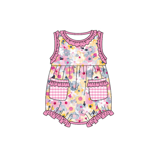 (Custom Design Preorder MOQ 5) Pink Flowers Print Pockets Baby Girls Summer Romper