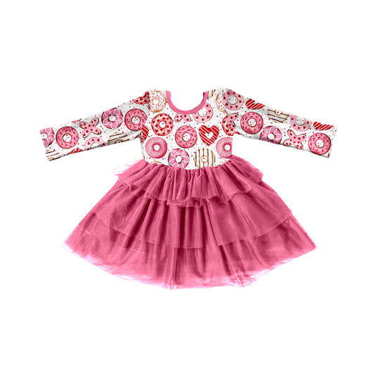 (Custom Design Preorder MOQ 5) Donut Heart Print Girls Valentine's Knee Length Tulle Dress