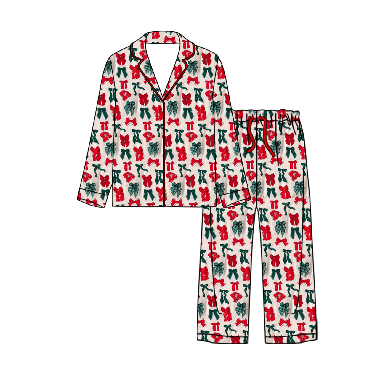 (Custom Design Preorder MOQ 5)  Bows Print Girls Christmas Buttons Pajamas Clothes Set