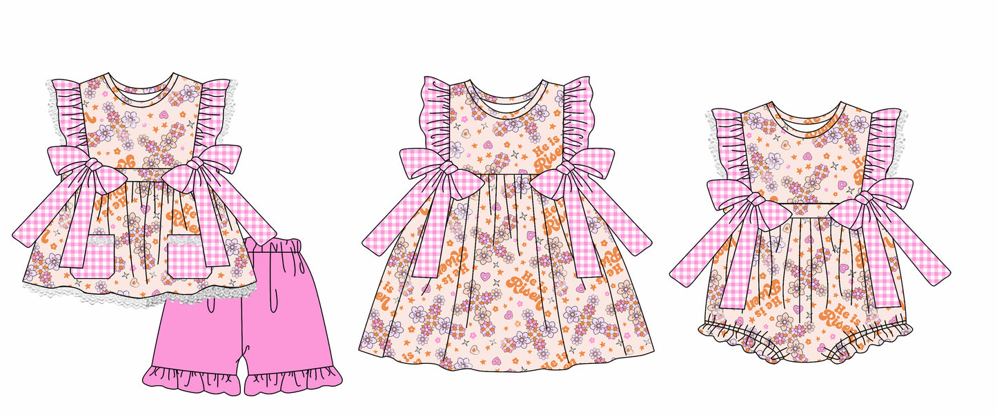 12.3(Custom Design Preorder MOQ 5 Each Design) He is Risen Flowers Cross Print Girls Easter Matching Clothes Sisters Wear