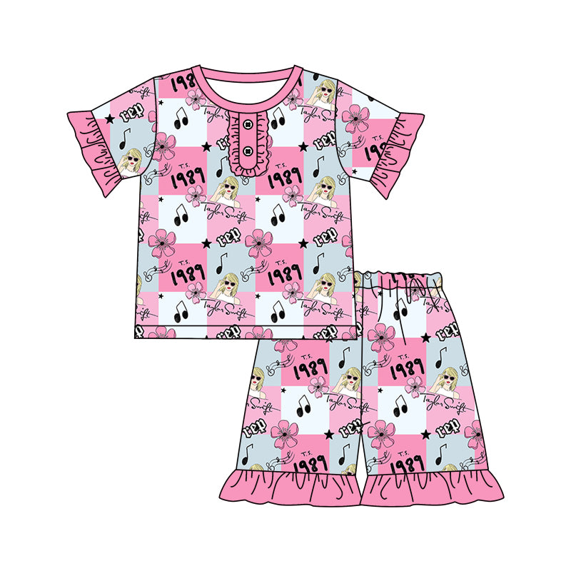 (Custom Design Preorder MOQ 5) Singer Swiftie Flowers Print Girls Summer Pajamas Clothes Set